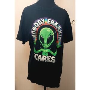 DOM Dept. of Mankind Nobody Freakin Cares Alien T-Shirt Rainbow Space Black Med
